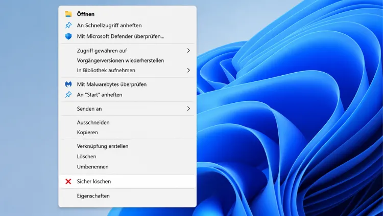 Das ist ein Beispiel: Kontextmenü „Sicher löschen“