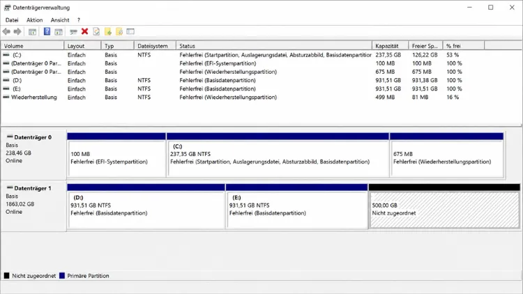 Datenträgerverwaltung in Windows System
