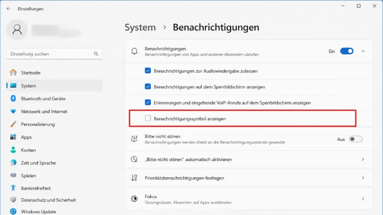 Glockensymbol über die Einstellungen entfernen