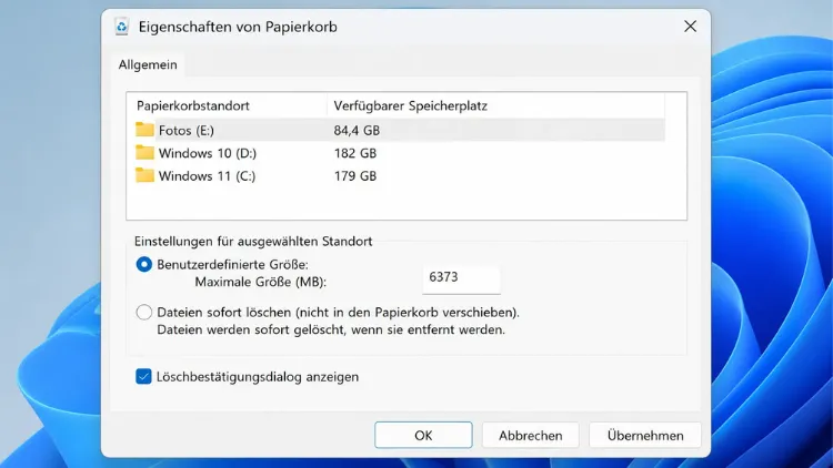 Häkchen bei „Löschbestätigungsdialog anzeigen“