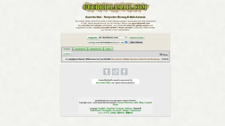 Startseite von Guerrilla Mail mit der automatisch generierten, temporären Adresse