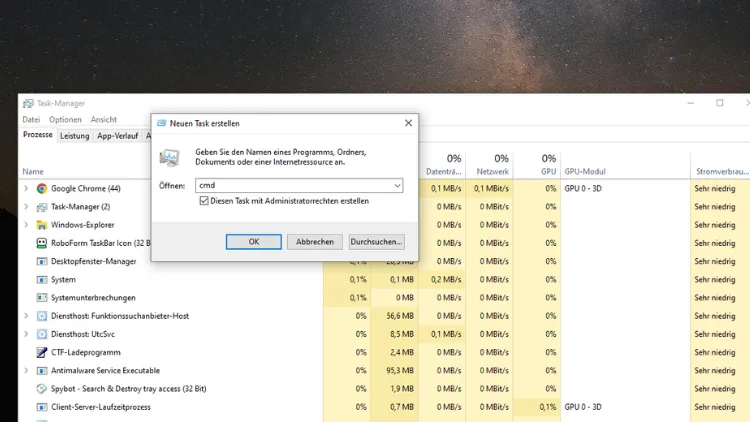 Über den Task-Manager, wenn Desktop oder Startmenü zicken